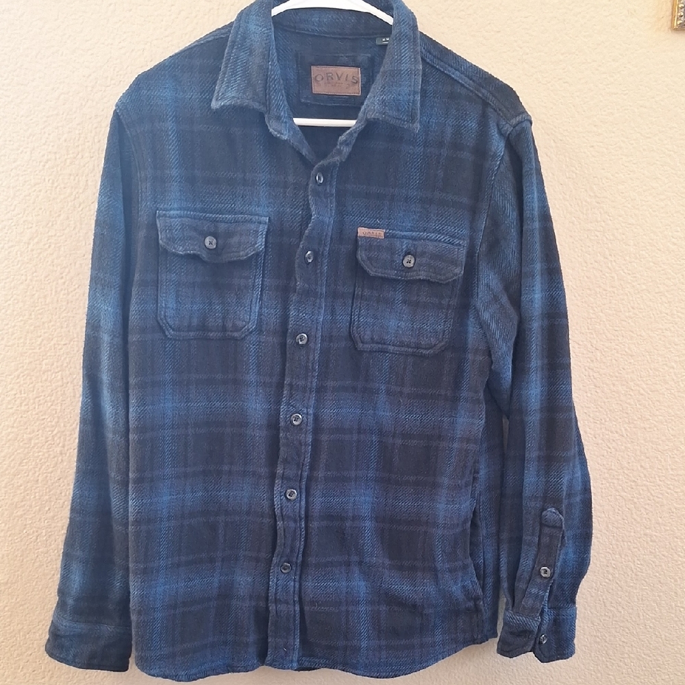 Orvis Men's Black And Blue Plaid Heavyweight Button-Up Flannel Shirt, SIZE: M